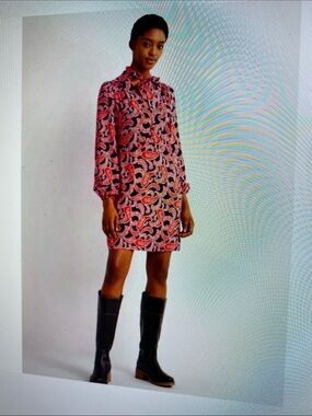 Boden Tie Neck Red Blue Paisley Mini Dress size 6